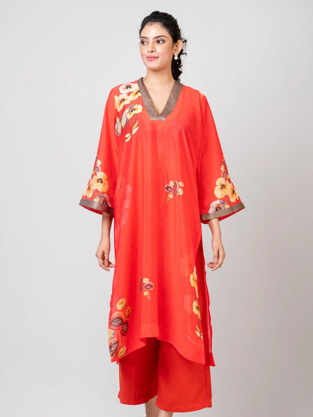 Subtle Petals Red Chanderi Kurti with Palazzo Set for Women Elegant Ethnic Wear