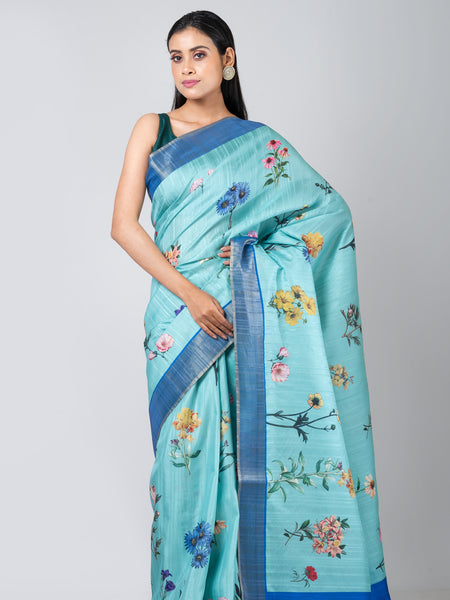 Cerulean Blossom Sky Blue Semi Tussar Silk Zari Saree | Elegant Lightweight Ethnic Wear