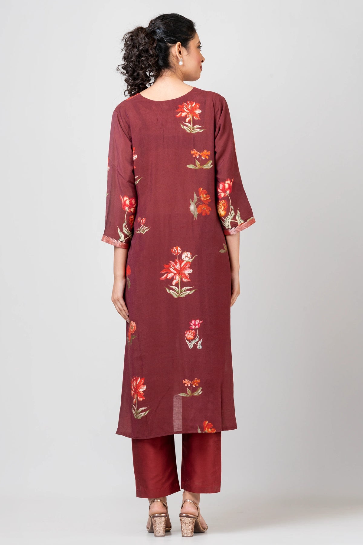 Gentle Blooms Maroon Chanderi Kurti with Palazzo Set for Women Elegant Ethnic Wear