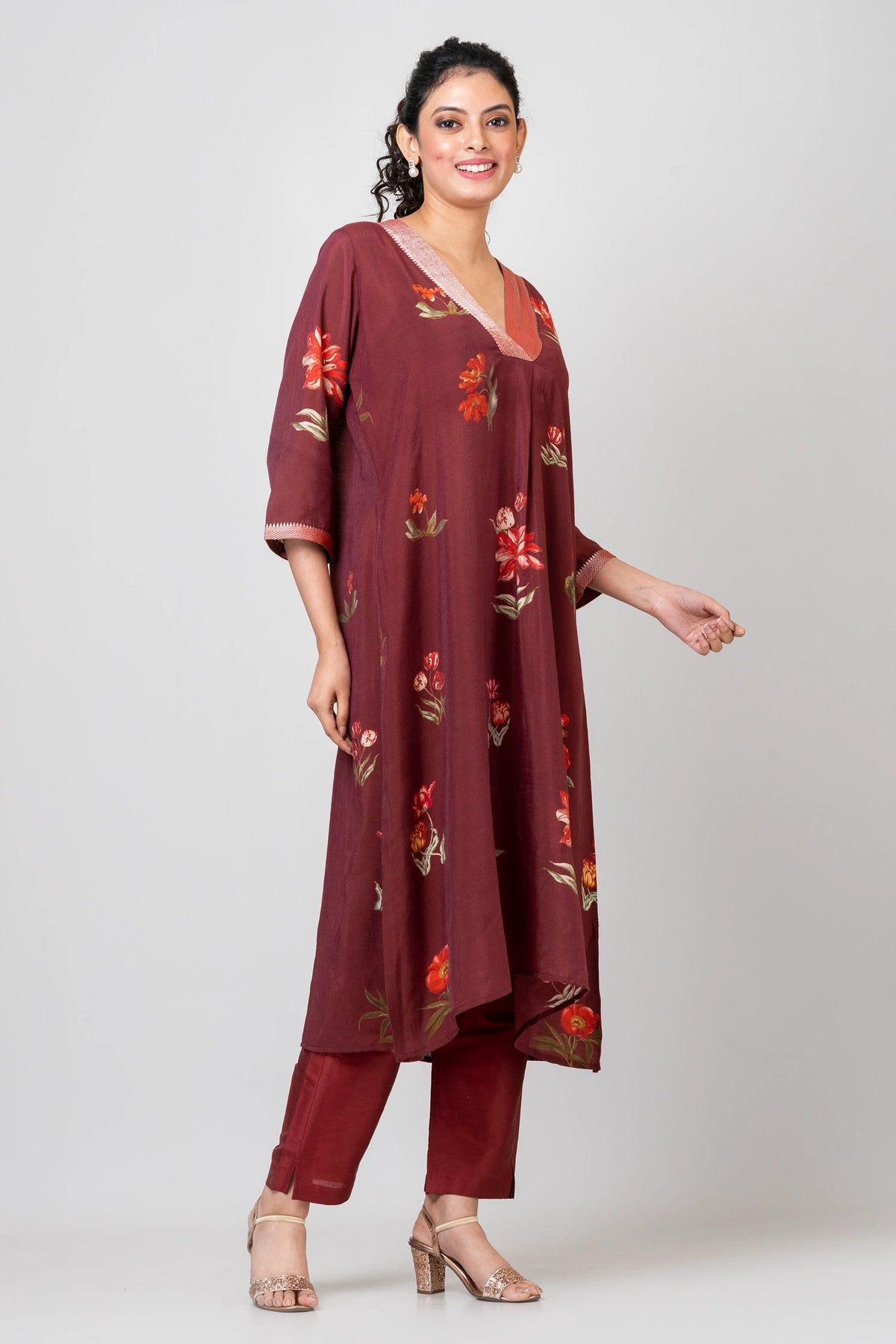 Gentle Blooms Maroon Chanderi Kurti with Palazzo Set for Women Elegant Ethnic Wear