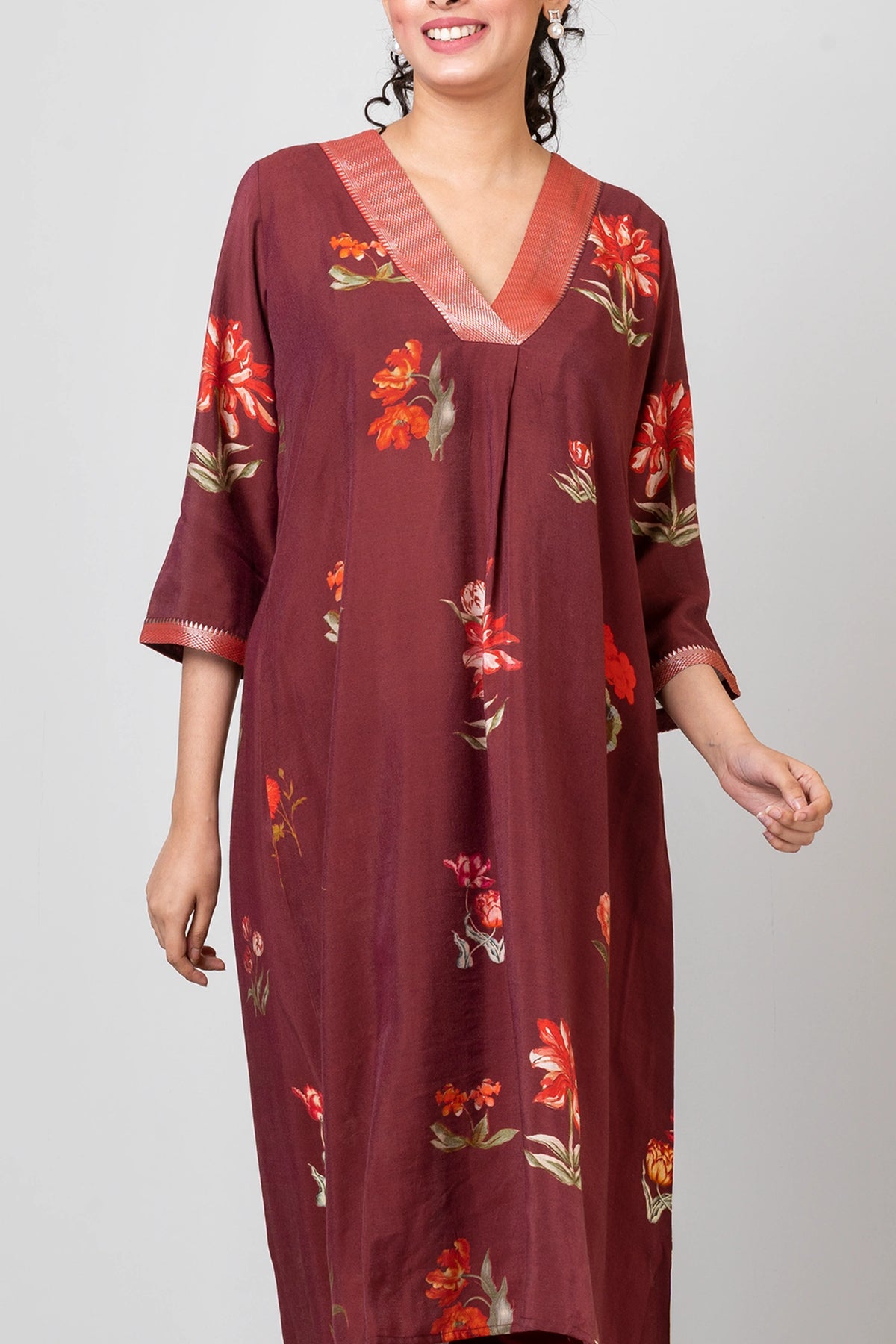 Gentle Blooms Maroon Chanderi Kurti with Palazzo Set for Women Elegant Ethnic Wear