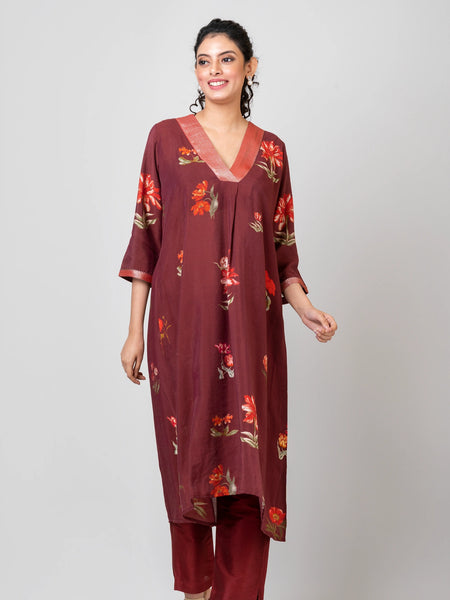 Gentle Blooms Maroon Chanderi Kurti with Palazzo Set for Women Elegant Ethnic Wear