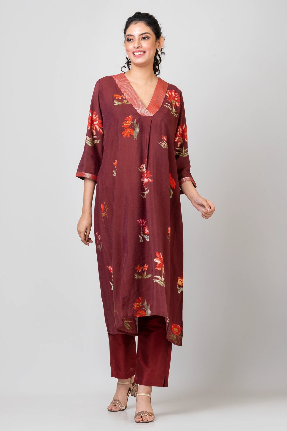 Gentle Blooms Maroon Chanderi Kurti with Palazzo Set for Women Elegant Ethnic Wear