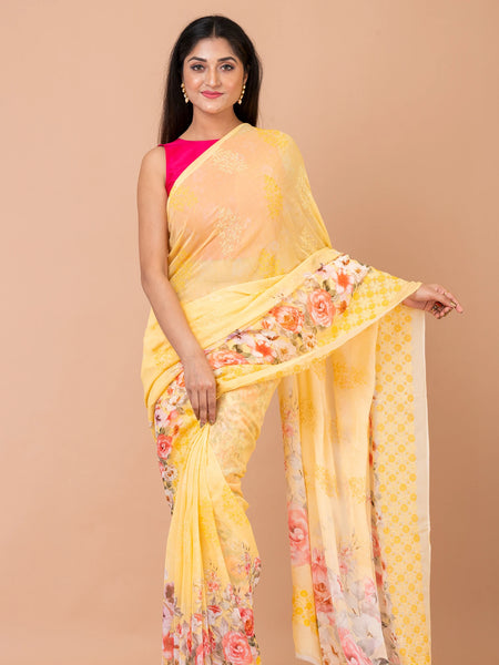 Sunlit symphony Classic Yellow Georgette Saree Soft Lightweight Party Wear Saree