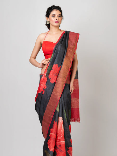 Springtime Splender Classic Black and Red Tussar Silk Saree – Lightweight Handwoven Saree for Striking Festive & Cultural Styling