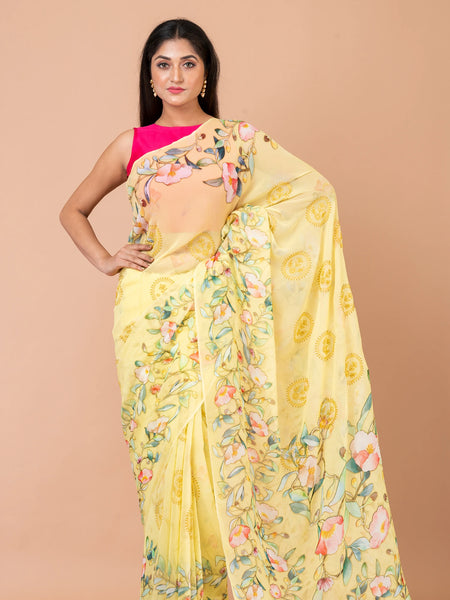 Sunshine bliss Premium Lime Yellow Georgette Saree Flowing Elegant Ethnic Saree