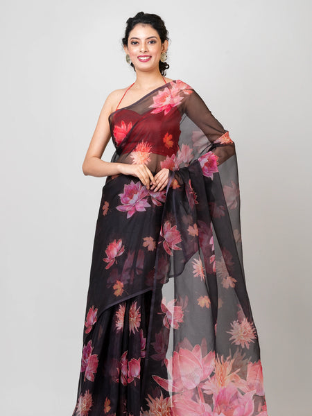 Designer Black Organza Saree with Satin Crepe Drape