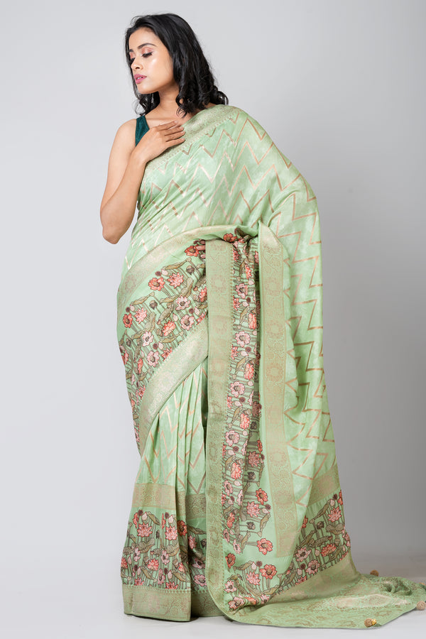 VERDANT BLOSSOM Designer Light Green Leheriya Saree in Soft Dola Fabric for Festive & Wedding Wear