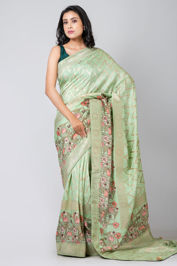VERDANT BLOSSOM Designer Light Green Leheriya Saree in Soft Dola Fabric for Festive & Wedding Wear