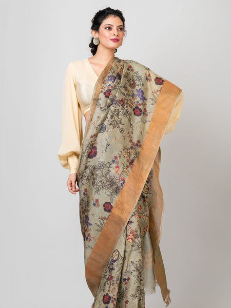 Eternal Roses Elegant Grey Tussar Silk Saree – Minimal & Timeless Ethnic Drape for Sophisticated Everyday Wear