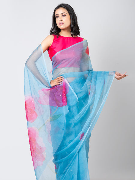 Sky Serene Designer Sky Blue Organza Saree for Wedding and Celebration Wear