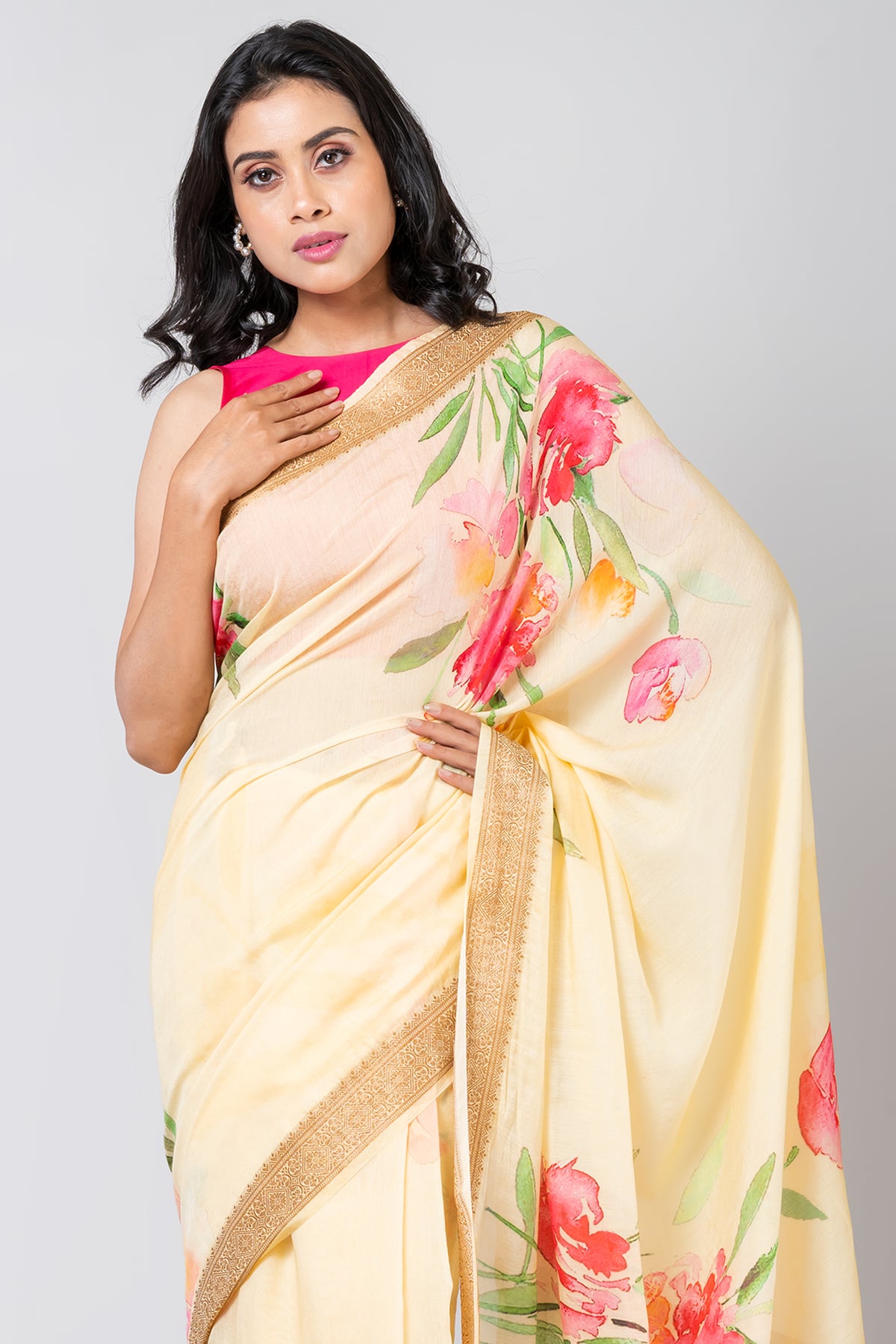 Pastel mirage bloom | Elegant Light Yellow Chanderi Saree for Weddings and Celebrations