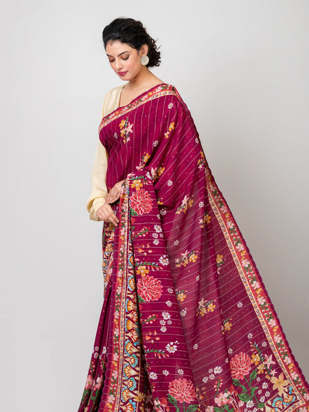 Sparkling shine Designer Maroon Crepe Saree with Woven Sequence Work Festive Wear