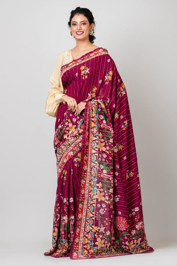 Sparkling shine Designer Maroon Crepe Saree with Woven Sequence Work Festive Wear