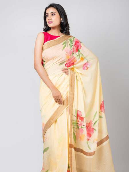 Pastel mirage bloom | Elegant Light Yellow Chanderi Saree for Weddings and Celebrations