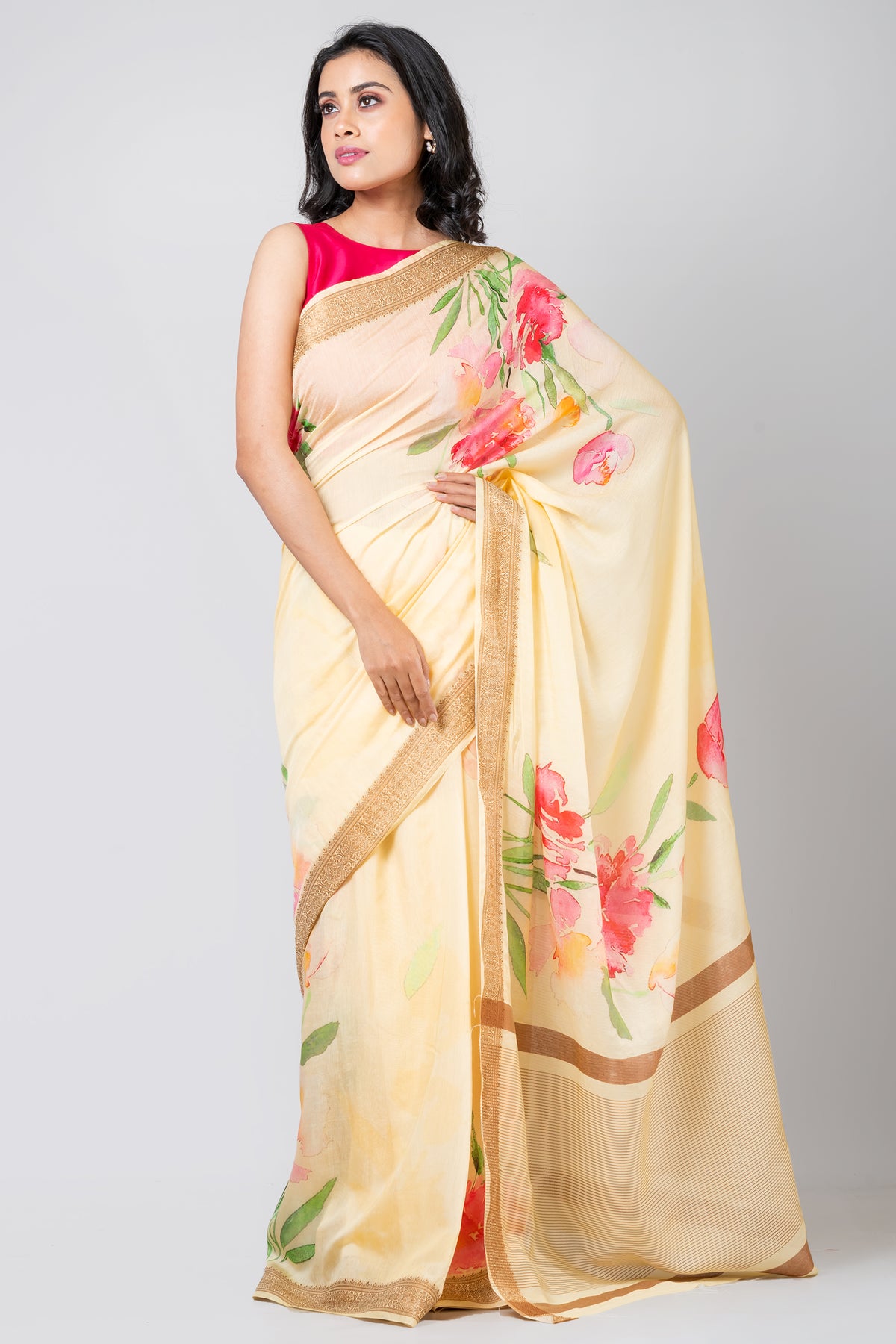 Pastel mirage bloom | Elegant Light Yellow Chanderi Saree for Weddings and Celebrations