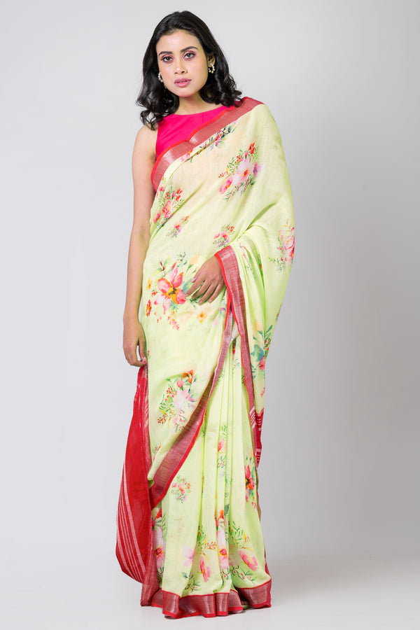 Golden contrast | Women's Light Yellow Linen Saree for Festive & Office Wear