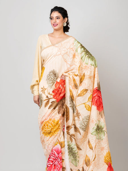 Elegant Beige Crepe Saree with Woven Sequin Work