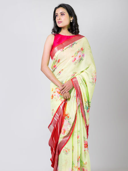 Golden contrast | Women's Light Yellow Linen Saree for Festive & Office Wear
