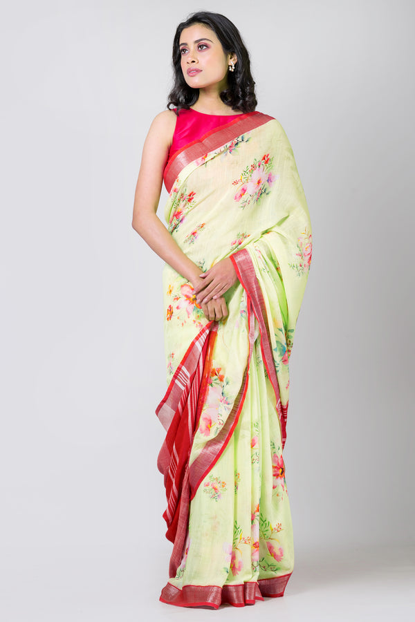 Golden contrast | Women's Light Yellow Linen Saree for Festive & Office Wear
