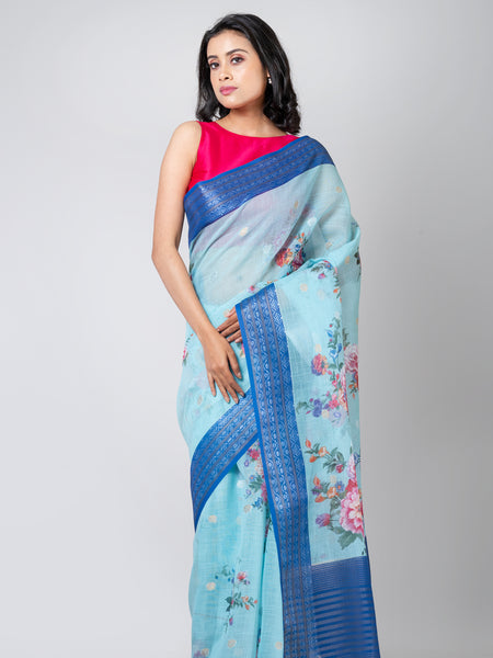 Cerulean charm Elegant Sky Blue Linen Floral Digital Print Saree for Women