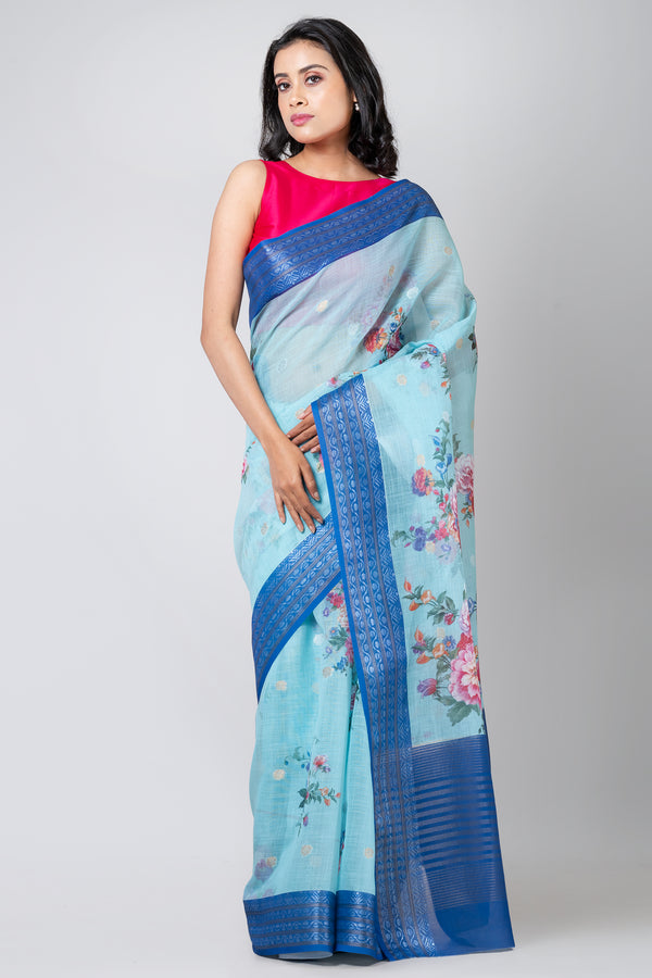 Cerulean charm Elegant Sky Blue Linen Floral Digital Print Saree for Women