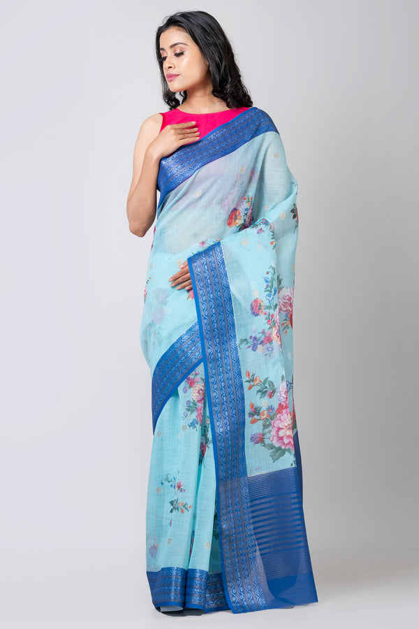 Cerulean charm Elegant Sky Blue Linen Floral Digital Print Saree for Women
