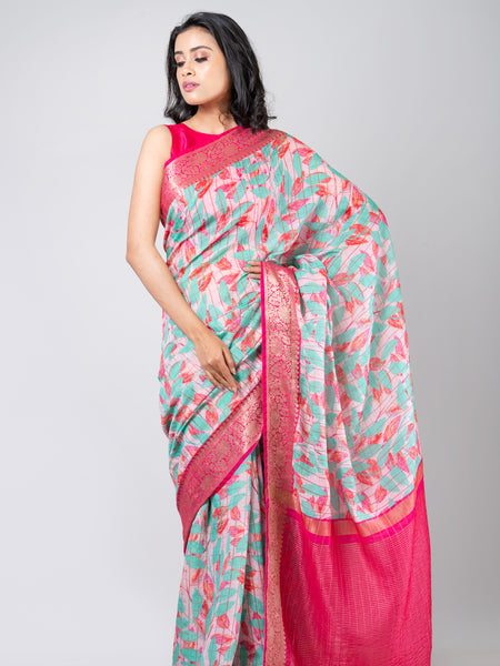 Leaves harmony | Designer Light Lavender Chanderi Checks Saree for Festive Wear