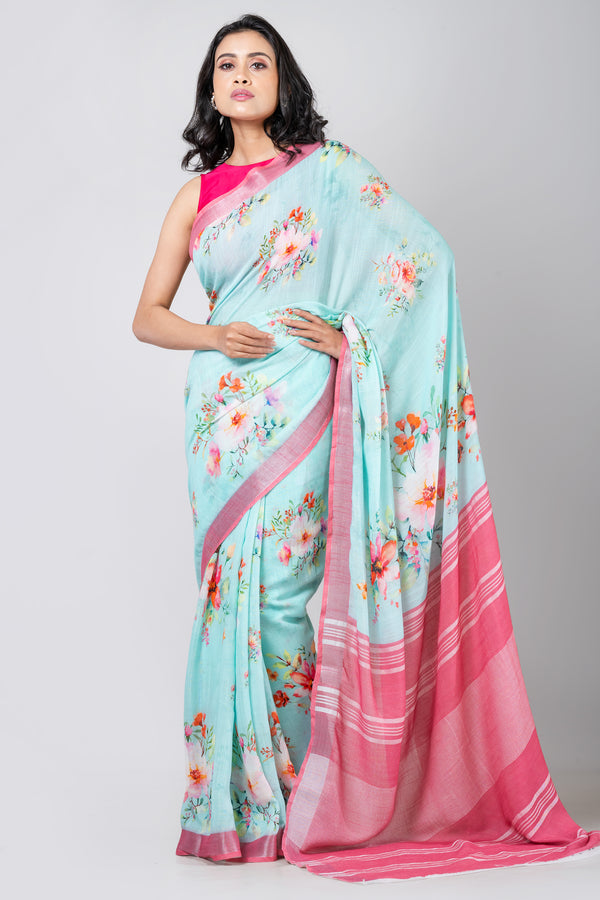 Serenade in blue | Lightweight Sky Blue Linen Saree with Digital Print