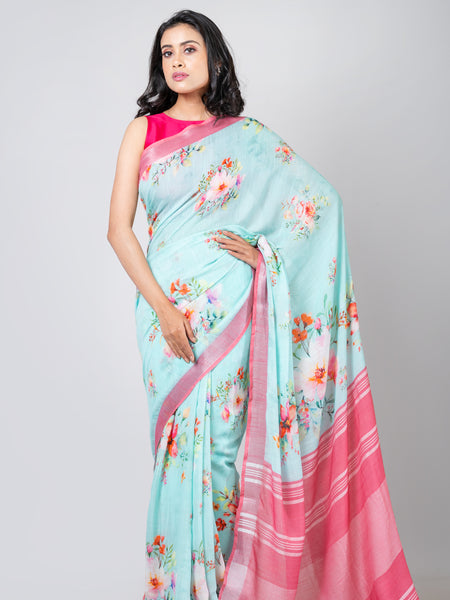 Serenade in blue | Lightweight Sky Blue Linen Saree with Digital Print