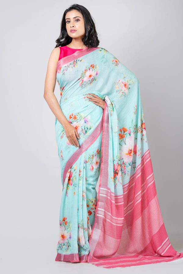 Serenade in blue | Lightweight Sky Blue Linen Saree with Digital Print
