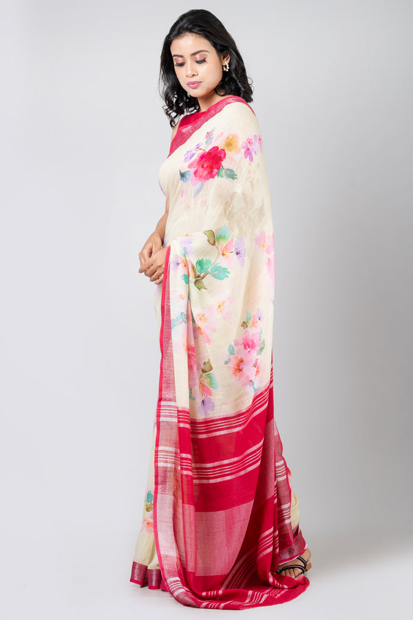 Sunny contrast | Premium Linen Saree with Bold Red Border