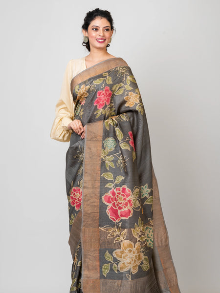 Pastel Petals Classic Grey Tussar Silk Saree – Lightweight Handwoven Saree for Subtle & Elegant Traditional Styling