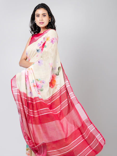 Sunny contrast | Premium Linen Saree with Bold Red Border