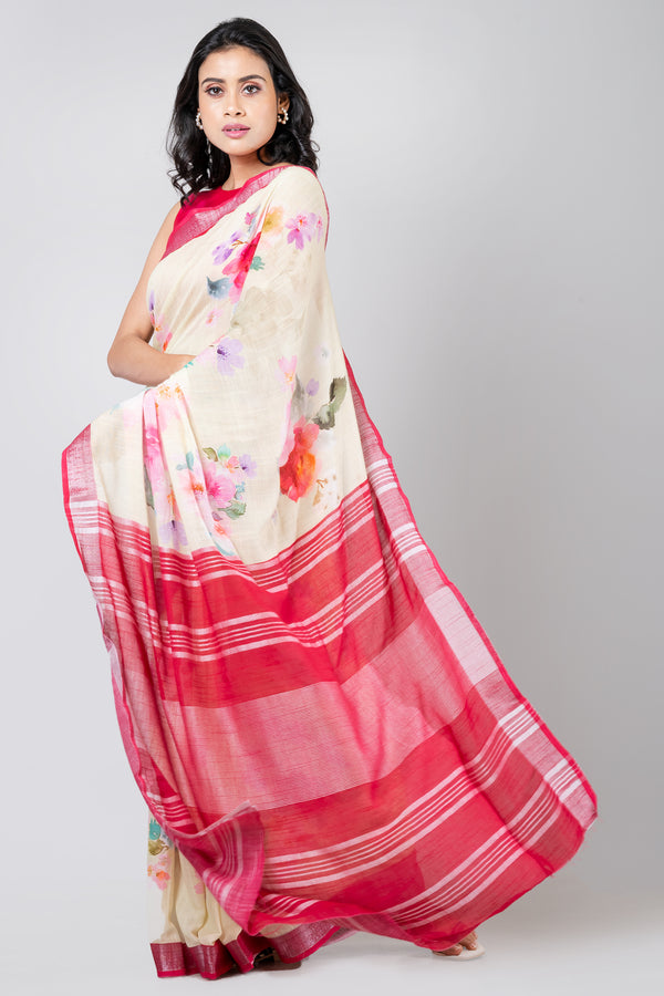 Sunny contrast | Premium Linen Saree with Bold Red Border