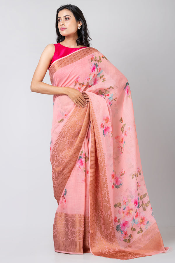 Peach blossom | Elegant Pink Linen Zari Border Floral Digital Print Saree for Women