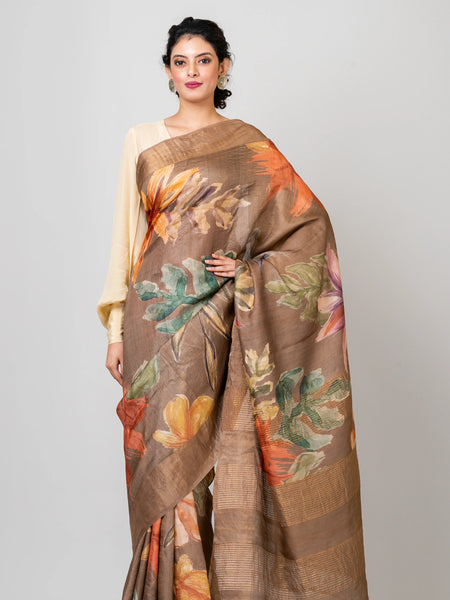 Enchanting Blooms Classic Brown Tussar Silk Saree – Lightweight Handwoven Saree for Natural & Minimal Elegant Styling
