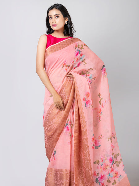 Peach blossom | Elegant Pink Linen Zari Border Floral Digital Print Saree for Women