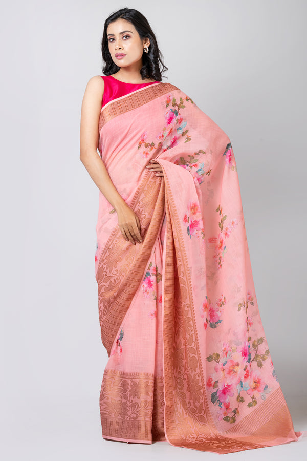 Peach blossom | Elegant Pink Linen Zari Border Floral Digital Print Saree for Women