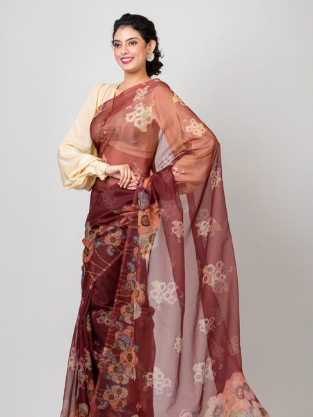 Designer Brown Organza Saree with Satin Crepe Drape