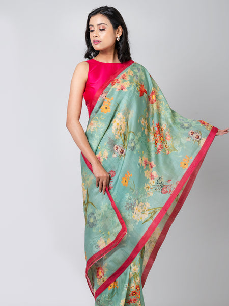 Oceanic Blossom Premium Sea Green Tussar Saree for Women with Traditional Elegance