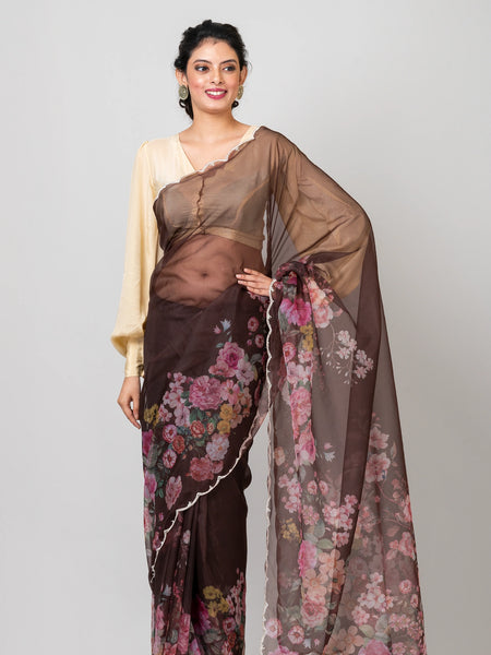Designer Brown Organza Saree with Satin Crepe Texture