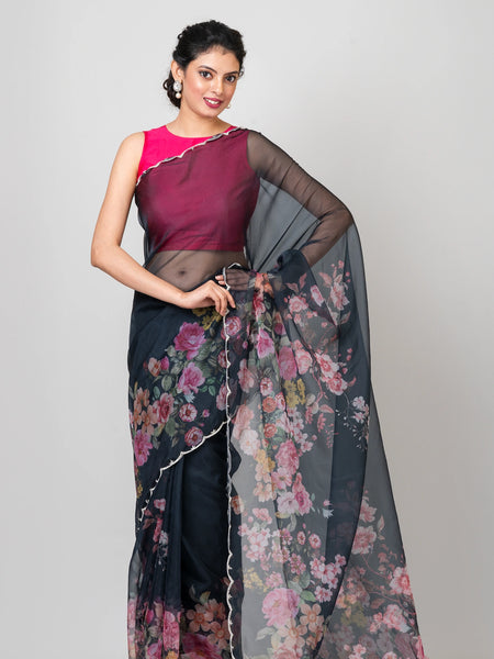 Elegant Black Satin Organza Saree with Crepe Finish