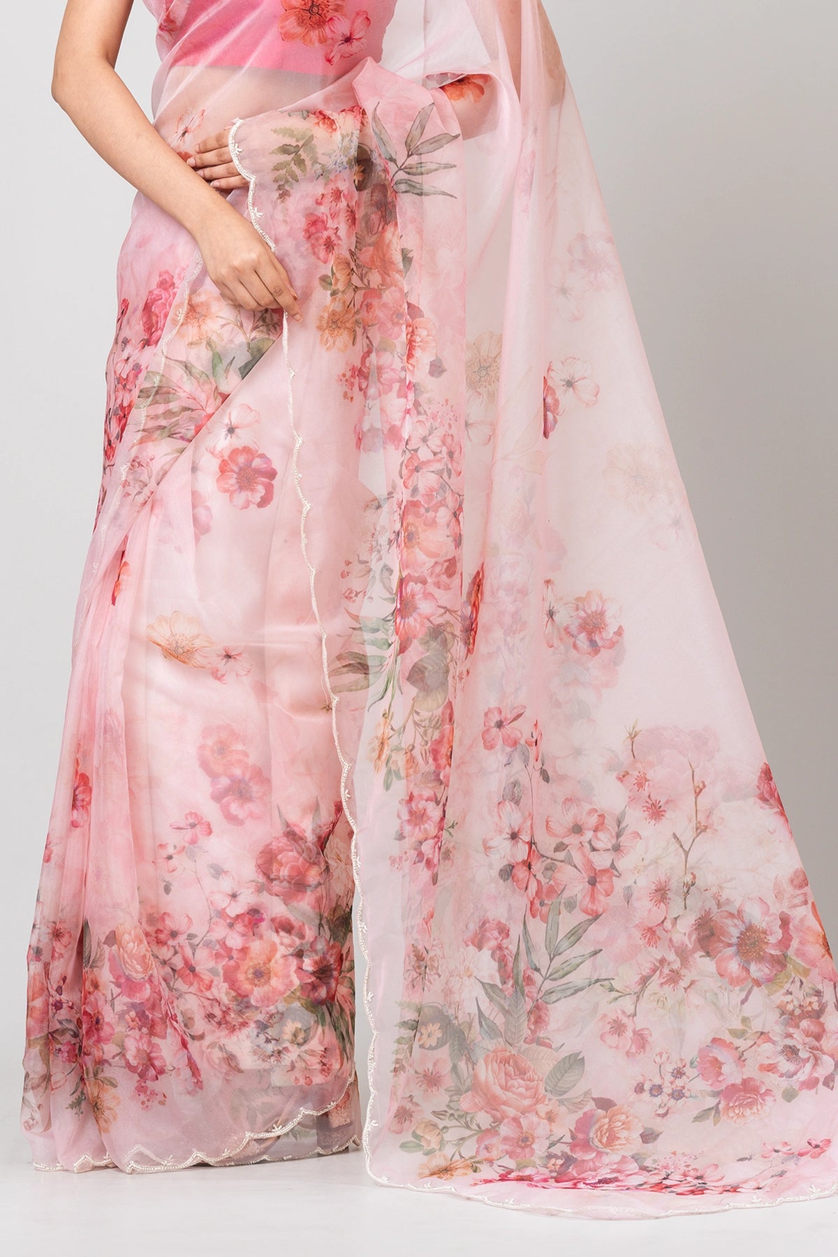 Floating flora Elegant Pink Satin Organza Saree with Crepe Finish