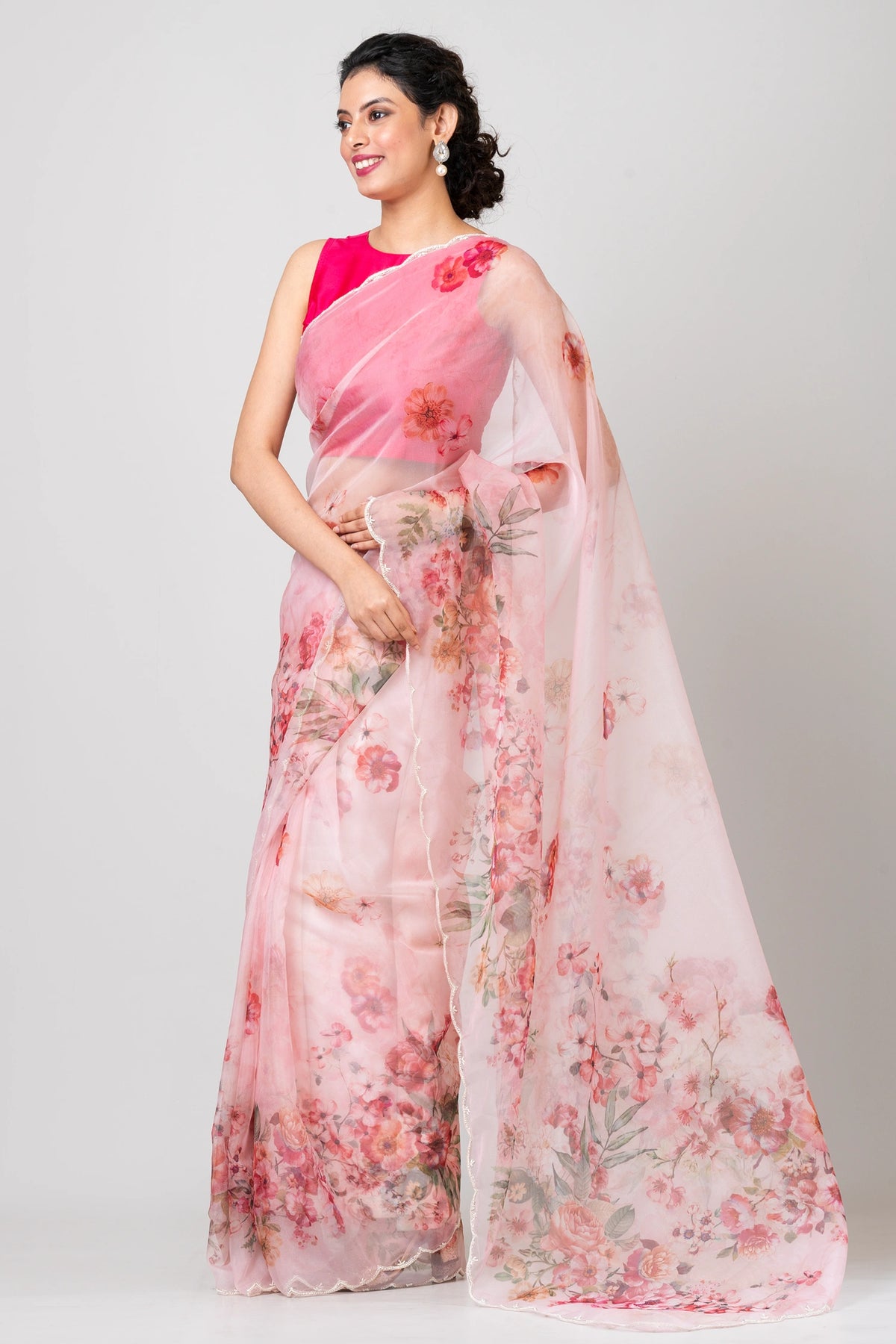 Floating flora Elegant Pink Satin Organza Saree with Crepe Finish