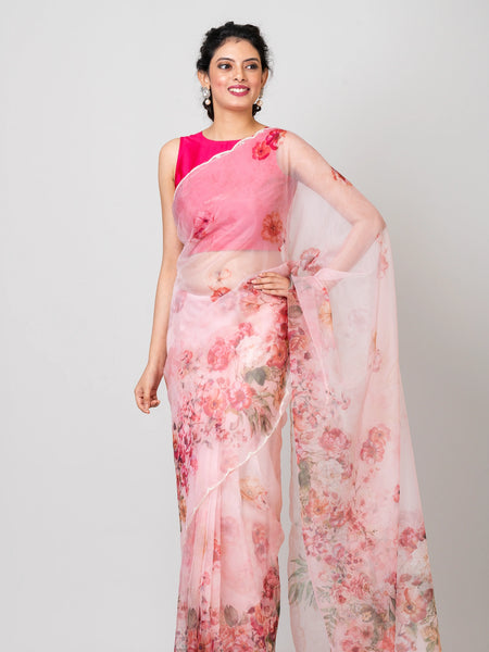 Floating flora Elegant Pink Satin Organza Saree with Crepe Finish