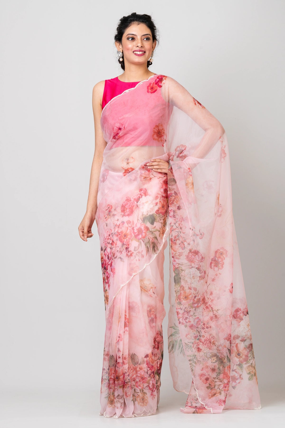 Floating flora Elegant Pink Satin Organza Saree with Crepe Finish