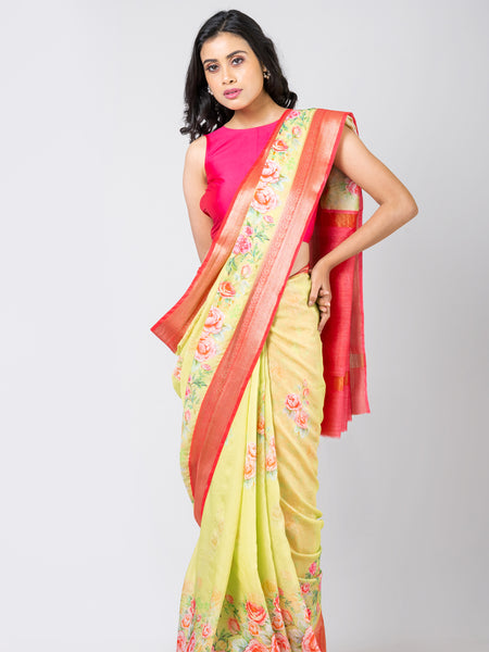 Emerald blossom elegance Premium Lime Green Chanderi Saree for Festive Wear