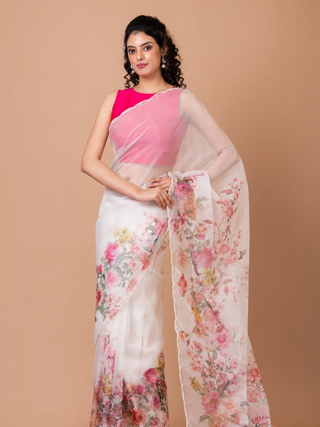 Designer White Organza Saree with Satin Crepe Drape
