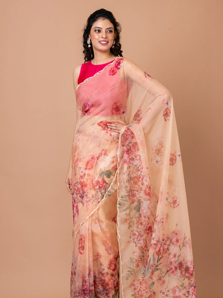 Elegant Peach Satin Organza Saree with Crepe Finish